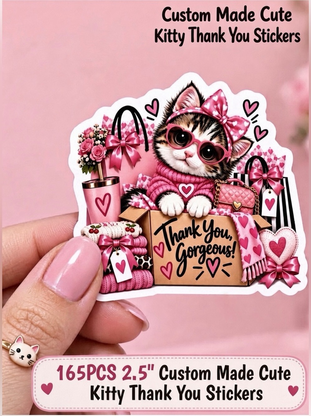165PC 2.5” Stickers ~ Custom Made Cute Kitty Thank You Stickers